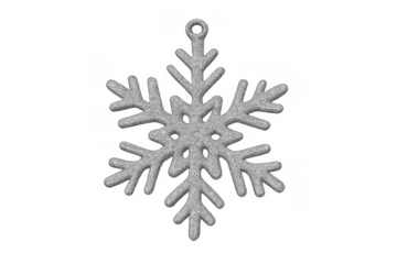 Glittering silver snowflake ornament hanging on transparent background