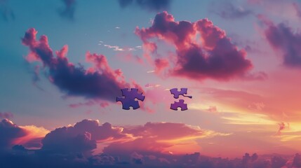 Colorful Sky Sunset with Pink and Purple Clouds and Puzzle Pieces Floating in the Air