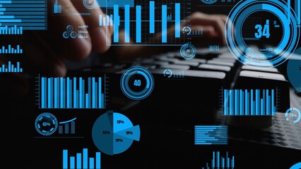Modern abstract data visualization showcasing blue graphs and statistics over hands typing on a keyboard, ideal for representing technology and analysis themes. Xenic