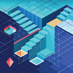 Abstract isometric design with 3d staircases and geometric shapes in shades of blue, teal, and orange