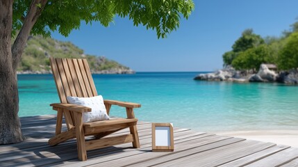 Adirondack chair on a wooden deck overlooking a serene tropical beach with turquoise water and blue sky