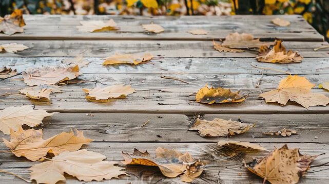 Autumn leaves arranged on a wooden table, perfect for decorating or photography props