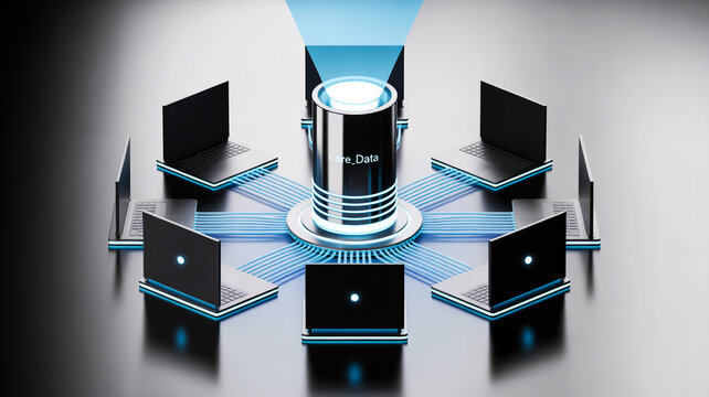 3D rendered star network, blue central database, six black clients