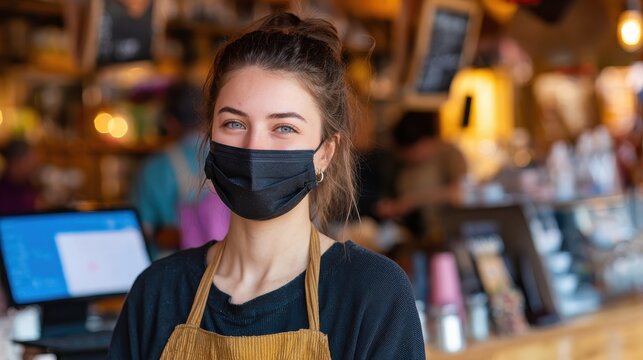 young woman with face mask working in cafe serving customers no logos no brands ar 169