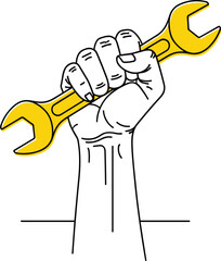 Raised hand wrench, labor symbol, worker power, industrial tool, mechanical work, craftsmanship icon, solidarity sign, cad drawing flat vector illustration