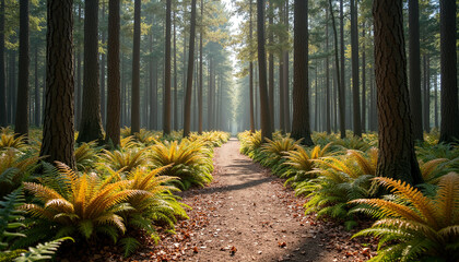 Forest path lined with ferns in dappled sunlight woods