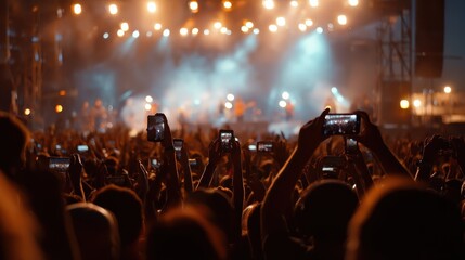 rear back view of audience crowd people fans raising hands enjoying live music festival concert event concept shooting on phones rock band silhouettes performance sing on night club outdoor stage no 