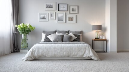 vase on metal table and grey lamp in spacious bedroom with white carpet and gallery on wall above bed no logos no brands ar 169