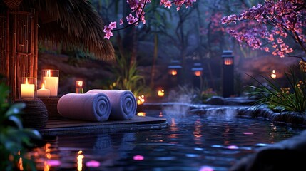Serene spa scene with rolled towels, candles, and a pool surrounded by cherry blossoms and lush greenery.