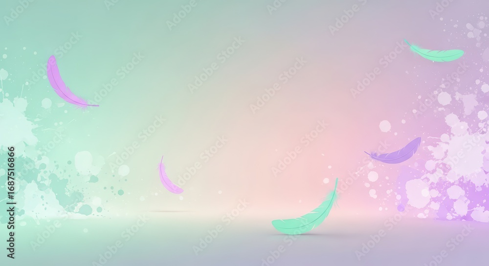 Poster pastel color feather falling on light gradient background with paint splash. gentle lightness and ai