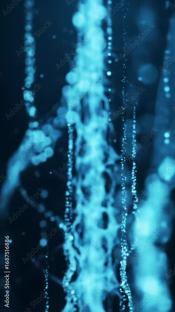 Poster extreme macro video of luminous, translucent digital particles forming glowing neural network filame