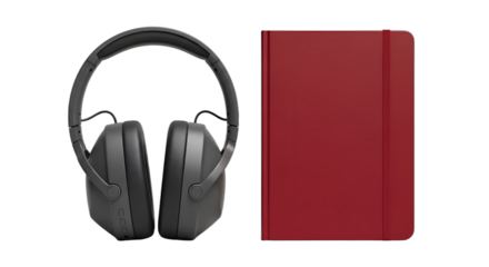 Modern black noise-canceling headphones and a vibrant red journal, ideal for productivity, e-learning, remote work setups, creative planning, or focused study for marketing, blog,