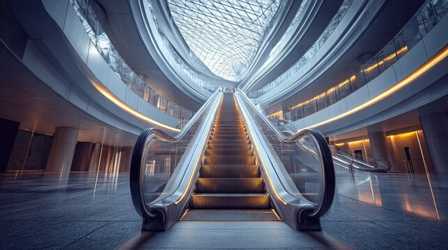 lowangle view of an escalator ascending in a sleek modern corporate building symbolizing progress success and upward mobility in a business context