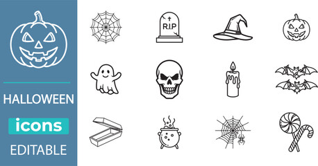 Halloween Line Art Icon Set – Pumpkin, Skull, Ghost, Witch Hat, Tombstone, Spider Web, Bat, Cauldron, Candy and More