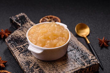 Apple sweet sauce, baby food, canned ingredient for desserts. Apple sauce
