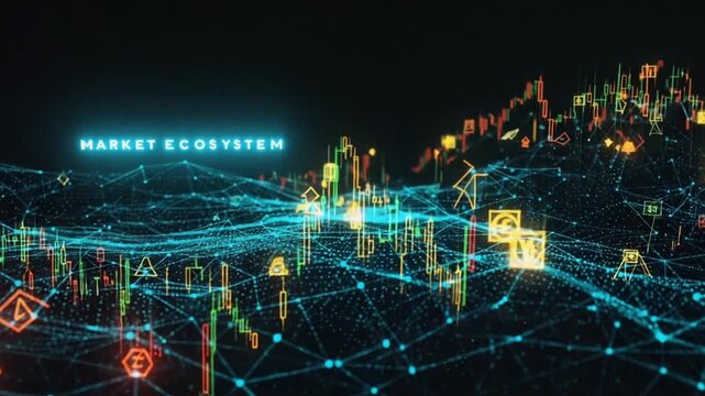 A 3D market ecosystem where stocks, currencies, and commodities appear as glowing particles 4k video