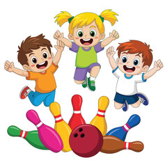 Happy cartoon children jumping with bowling pins and ball
