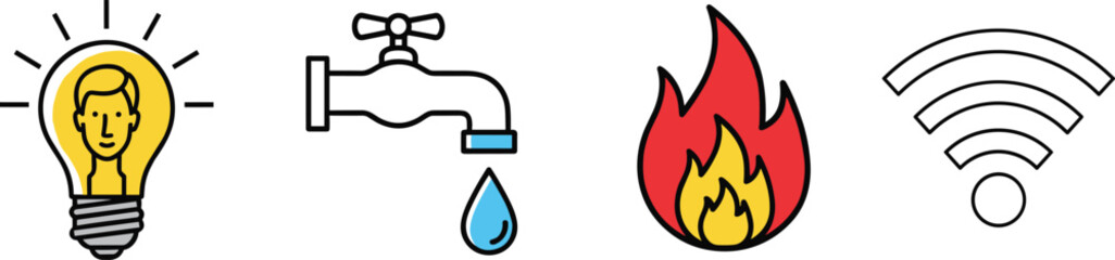 Utility service icons, electricity light bulb, water faucet drop, gas flame, Wi‑Fi signal, essential services illustration, infrastructure and home utilities concept design