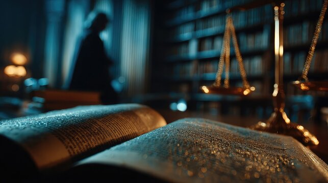 Law student reads textbook library setting under scales justice light symbol pursuit legal knowledge ethics foundation jurisprudence fairness dedication education commitment examination discipline