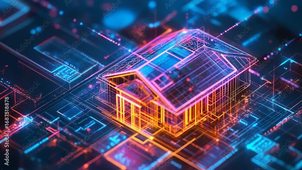Poster glowing hologram of smart home representing home automation and internet of things
