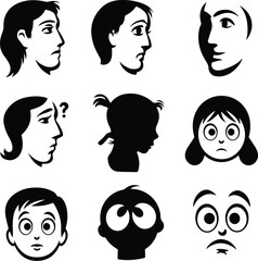 Black Curious Face Silhouette Icon Vector Set Curious Expression Face Icon Black Silhouette Design