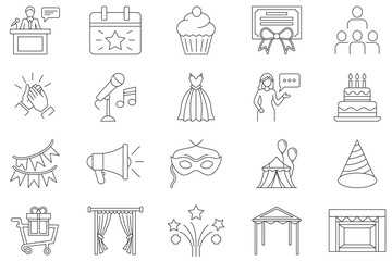  line art event icons. editable stroke, celebration, award, music, and party vector set