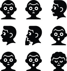 Black Curious Face Silhouette Icon Vector Set Curious Expression Face Icon Black Silhouette Design