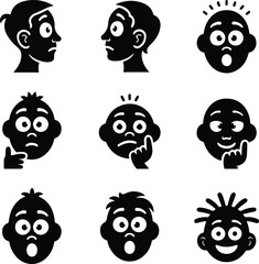 Black Curious Face Silhouette Icon Vector Set Curious Expression Face Icon Black Silhouette Design
