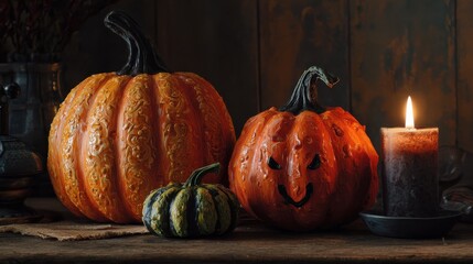 mangkuk permen halloween yang meriah dengan labu dan lilin