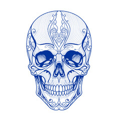 Intricate blue skull design with ornate scrollwork for artistic projects