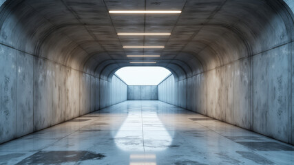 Long tunnel corridor with bright light at exit and smooth concrete walls