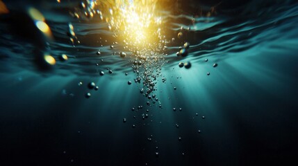 Sunlight streams through the water's surface, illuminating bubbles rising from the depths.
