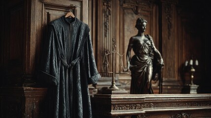 Lawyer coat hanging beside justice statue inside chambers symbolizes legal readiness, fairness presence, ethics authority, structure governance truth accountability responsibility compliance