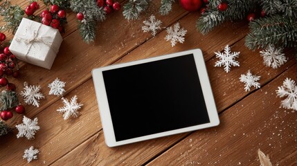 high angle view of digital tablet with black screen on wooden desk with christmas decorations top view of digital tablet with business document in a xmas atmosphere with snowflakes no logos no brands