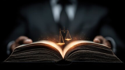Lawyer holding open legal book with justice scale light shining on pages symbolizes knowledge fairness ethics accountability governance legal responsibility transparency protection law