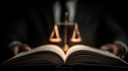 Lawyer holding open legal book with justice scale light shining on pages symbolizes knowledge fairness ethics accountability governance legal responsibility transparency protection law