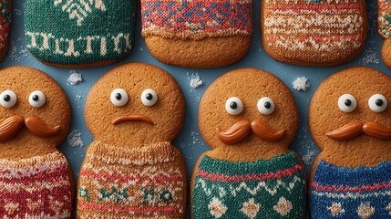 funny gingerbread cookies wearing ugly holiday sweaters and eyes and a mustache no logos no brands ar 169