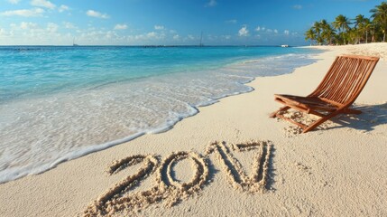 2017 written in sand write on tropical beach with deck chair no logos no brands ar 169