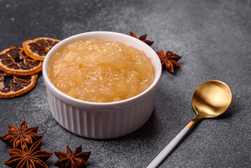 Apple sweet sauce, baby food, canned ingredient for desserts. Apple sauce