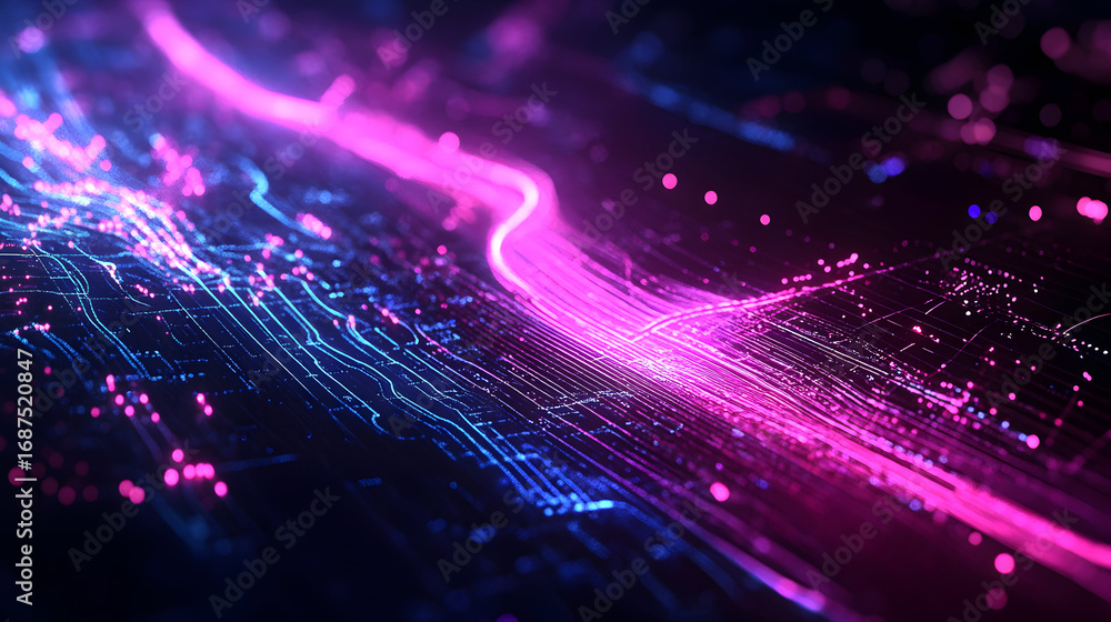 Aufkleber futuristic digital circuit board with glowing neon lines and data stream