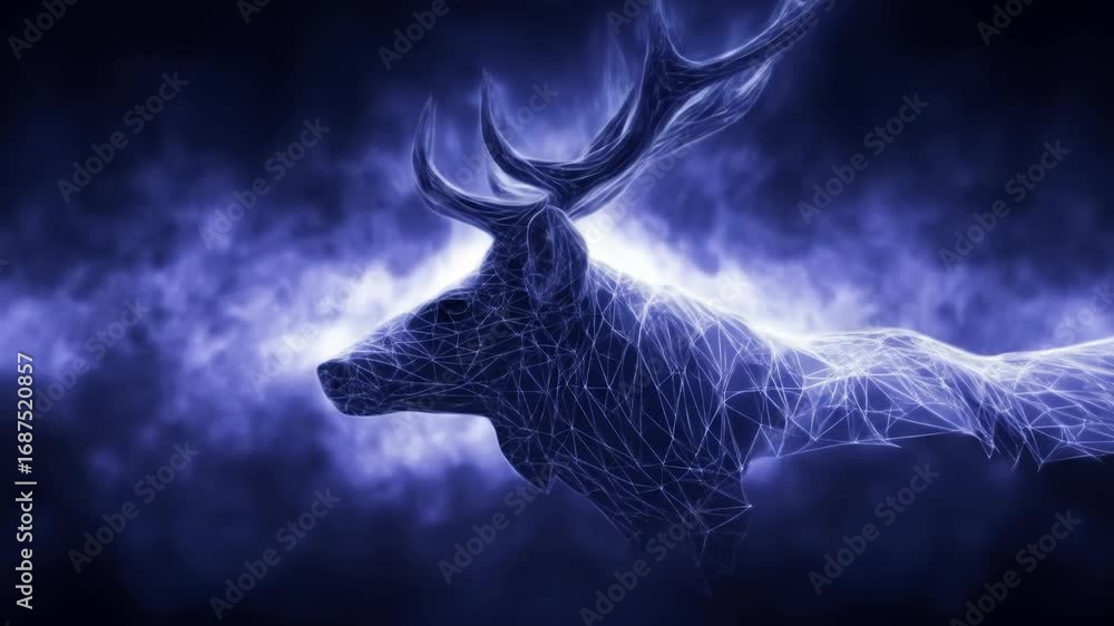 Poster electric stag rotation: mesmerizing animation of a luminous deer formed by glowing networks and