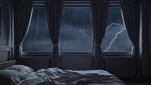Cozy bedroom with rumpled bed and dark curtains, illuminated by lightning during a stormy night
