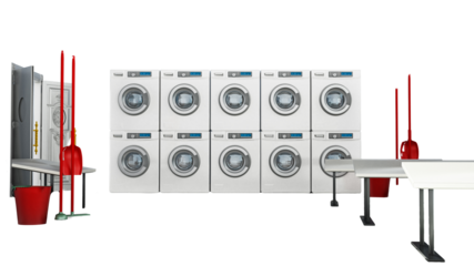 Laundry room with a large of washing machines and tumble dryers on transparent background. 3D illustration