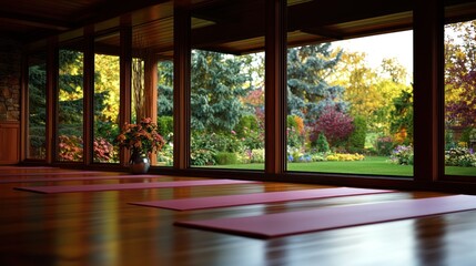A serene yoga studio with mats, overlooking a beautiful, colorful garden.
