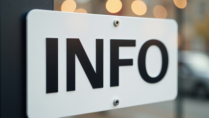 Information sign in black and white with blurred urban background on daylight street