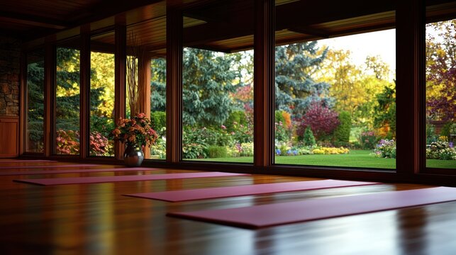 A serene yoga studio with mats, overlooking a beautiful, colorful garden.