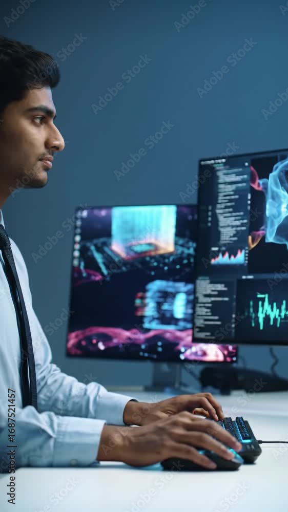 Poster professionally dressed individual at sleek high-tech workstation, focused on vibrant monitors displa