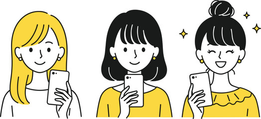 Cartoon women using smartphones, female characters holding mobile phones, modern lifestyle illustration, minimal flat vector design, yellow fashion outfit, social media communication concept