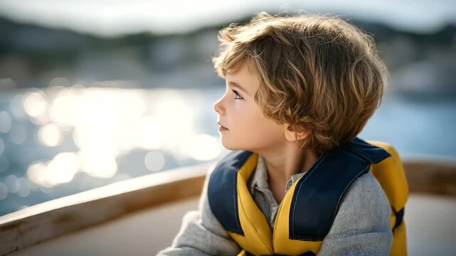A young boy sitting in a boat with floaties on a sunny day