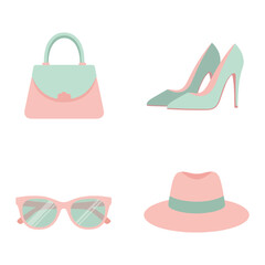 A collection of fashion accessories including a handbag a pair of high heels sunglasses and a hat all in pastel colors